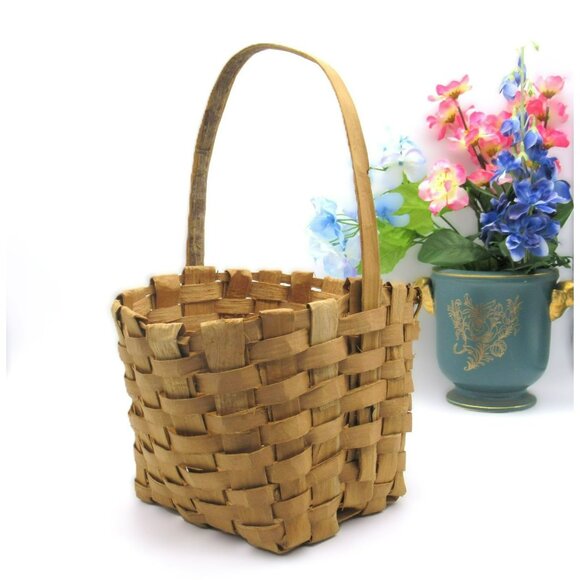Handmade Other - Vintage 1970s Handwoven Wooden Basket With Handle - Rustic Charm & Timeless Appe